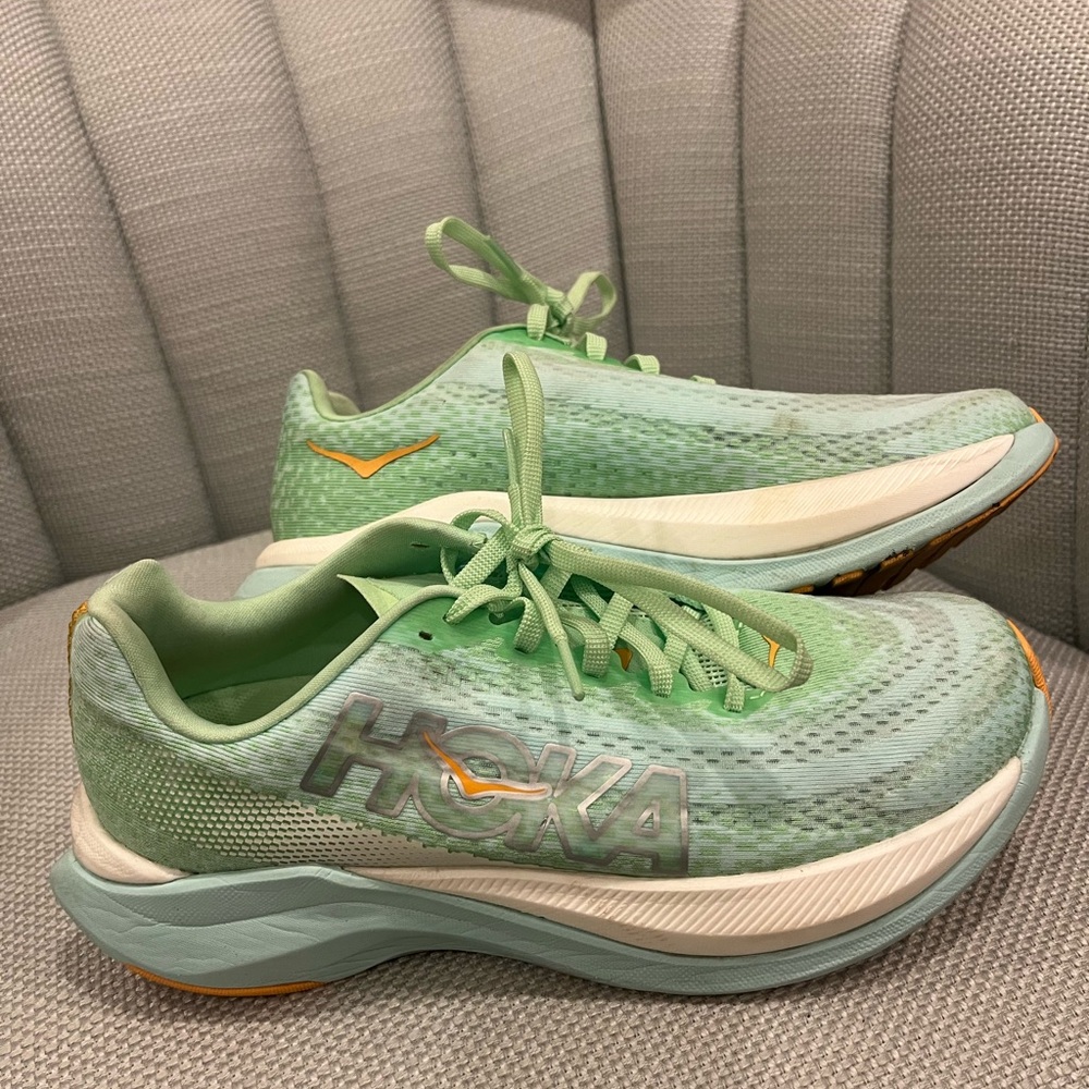 Hoka Women's Mach X Mint and Orange Running Shoes - Picture 2 of 9